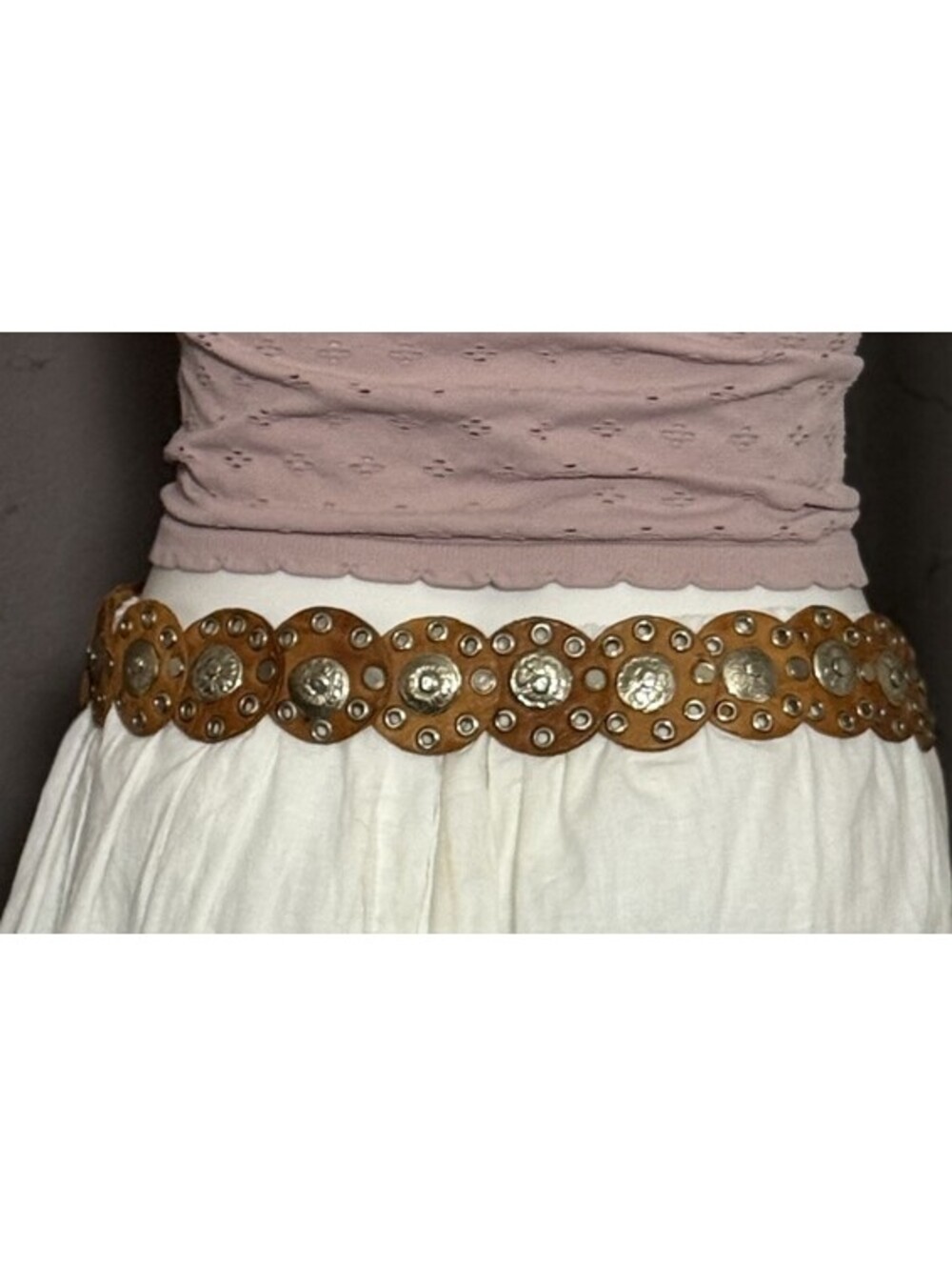 Free People Baby Follow Your Arrow Tan Leather Disc Belt One Size - Picture 8 of 13